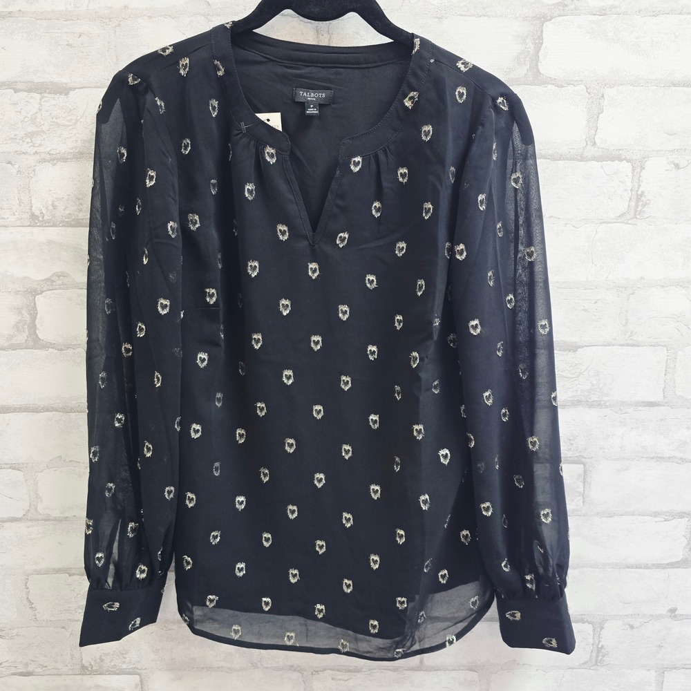 NWT Talbots Petite Black Metallic Silver Heart Print Sheer Sleeve Blouse P small